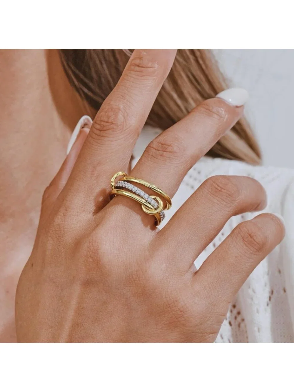 14K Gold Plated Stackable Rings Set, CZ Cubic Zirconia, Interlocking Bands for